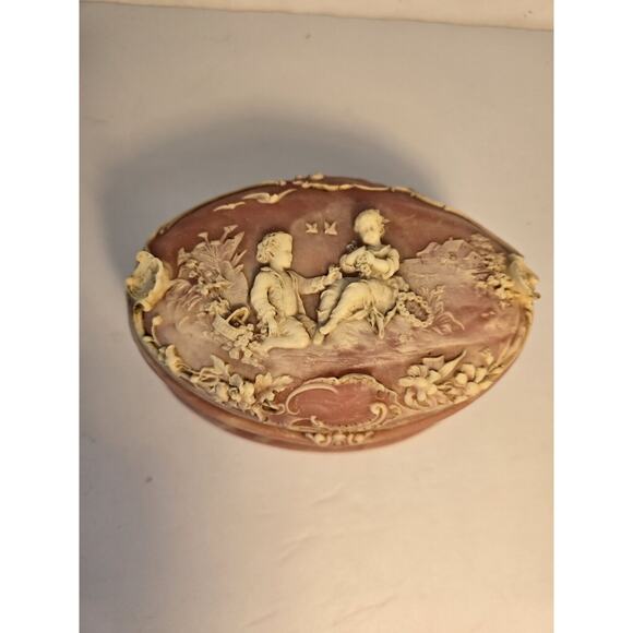 Vintage Genuine Incolay Stone Pink Trinket Dish Box - Picture 2 of 8